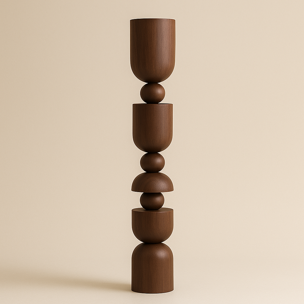 Stacked brown ceramic vases on a beige background
