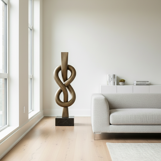 Bronze knot sculpture on a marble floor with a dark wall background
