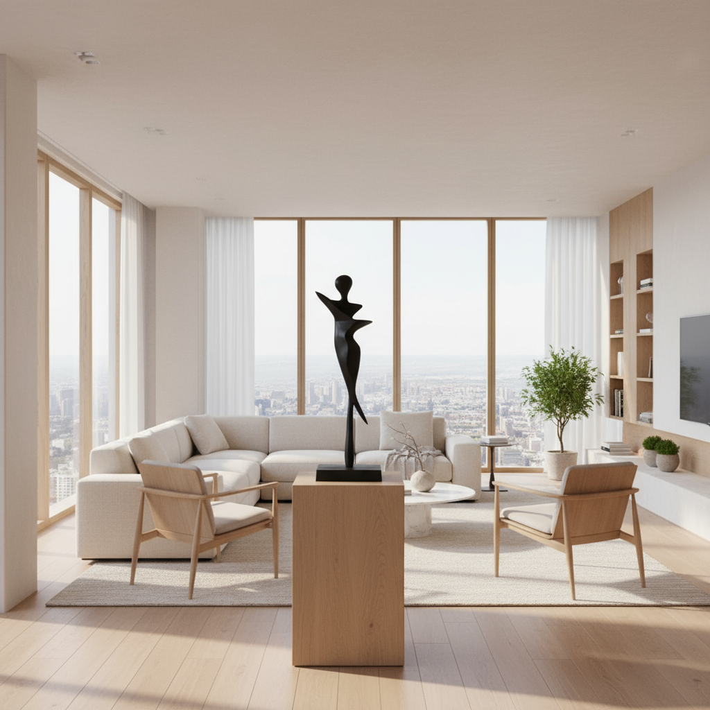 Modern living room with a cityscape view, featuring a white sofa, wooden coffee table, and decorative items.