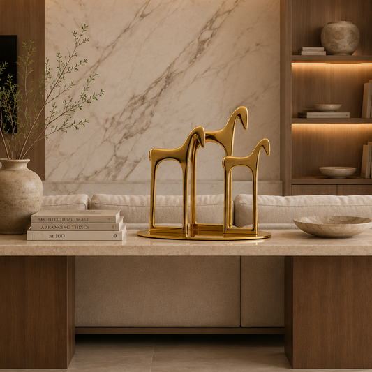 Gold metal stand on a beige background
