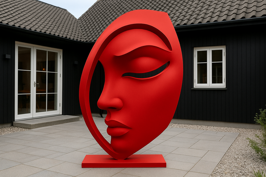 Red face sculpture in front of a black building
