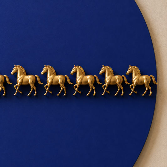 Three blue circular artworks with gold accents on a beige wall.