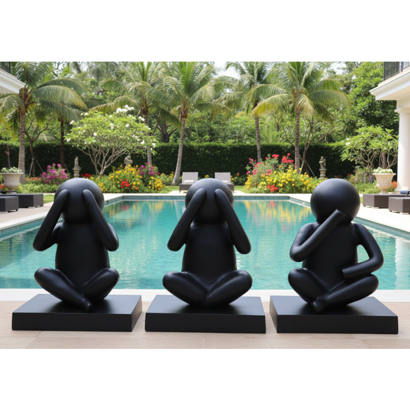 Three black abstract sculptures in front of a pool with a garden in the background