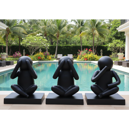 Three black abstract sculptures in front of a pool with a garden in the background