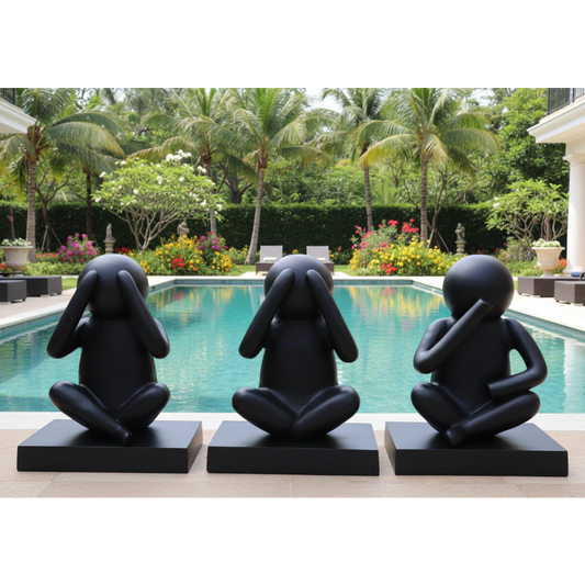 Three black abstract sculptures in front of a pool with a garden in the background