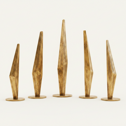 Five modern geometric metal sculptures of varying heights, featuring a natural polish  bronze finish, displayed on a clean off-white background.