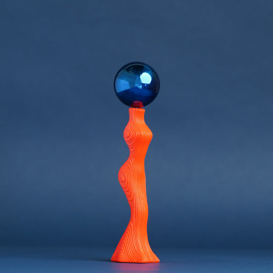 Ammil Ballon Lady Sculpture in orange and blue resin – modern quirky home decor figurine