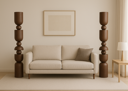 Beige sofa in a living room with decorative lamps and a framed picture on the wall.