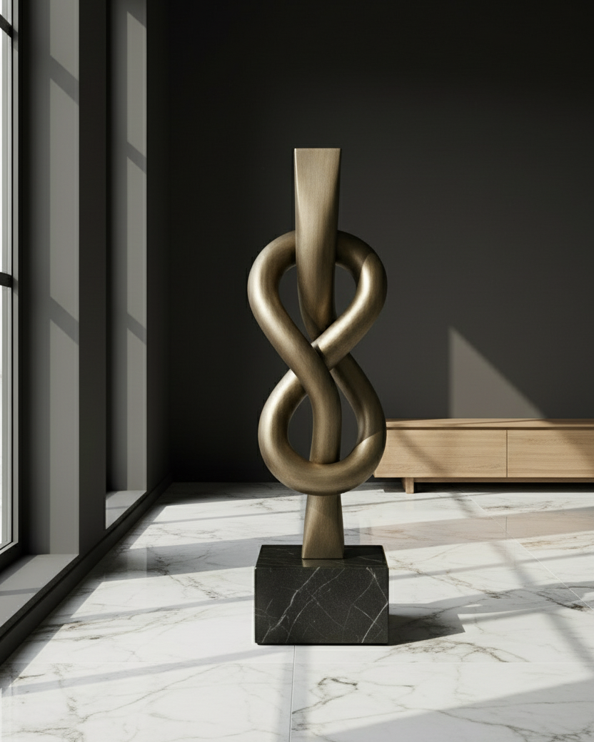 Bronze knot sculpture on a marble floor with a dark wall background