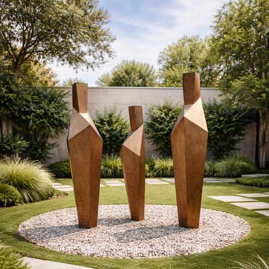 Three large bronze sculptures on a gravel platform in a garden setting with greenery and a building in the background.