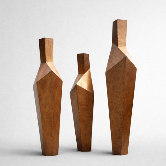 Three large bronze sculptures on a gravel platform in a garden setting with greenery and a building in the background.