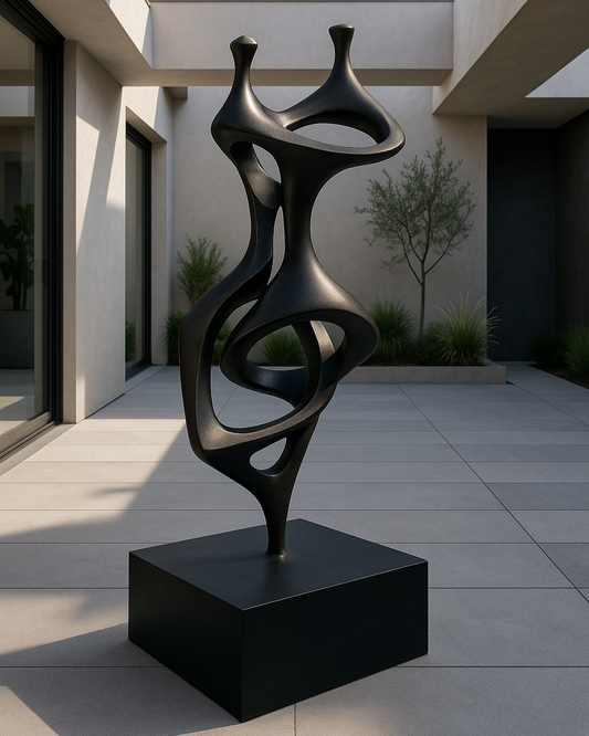 Large 6-foot Melia Dancing Metal Sculpture in copper finish displayed in modern lobby