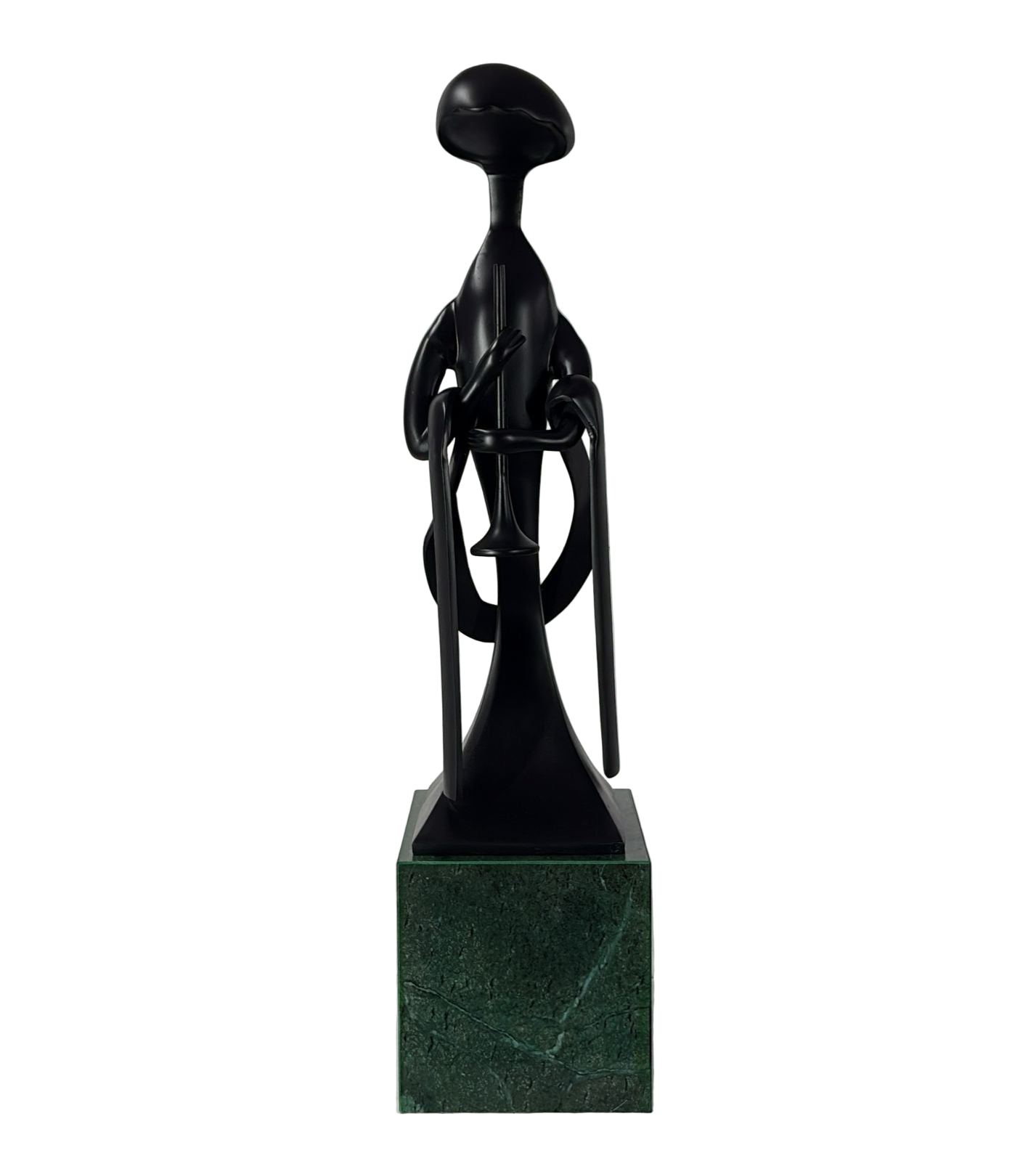 Modern musician figurine on marble pedestal – black aluminium Japandi sculpture for living room décor.