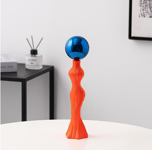 Ammil Ballon Lady Sculpture in orange and blue resin – modern quirky home decor figurine