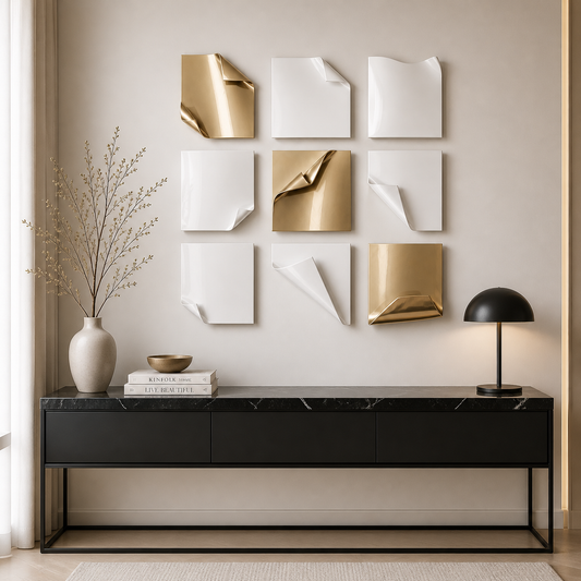 Ivory Gold Metal Wall Art | Fold Matrix 9 Panel Grid