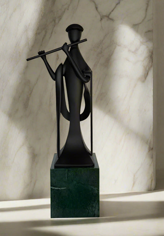 Japandi Flute Man Sculpture with Marble Base (4 feet)