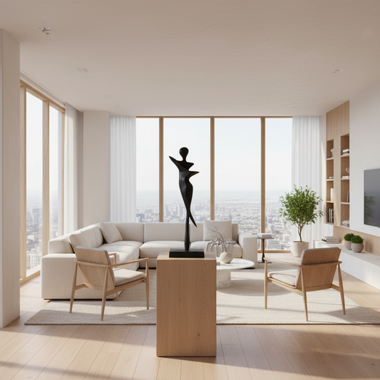 Modern living room with a cityscape view, featuring a white sofa, wooden coffee table, and decorative items.