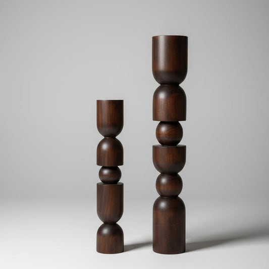 Wooden Walnut Totem Sculpture Set (Set of 2)