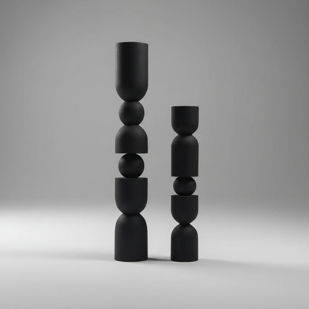 Two black abstract sculptures on a white shelf against a gray wall.