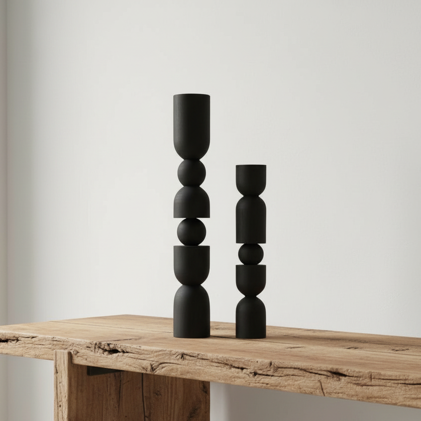 Wooden Black Totem Sculpture Set (Set of 2)