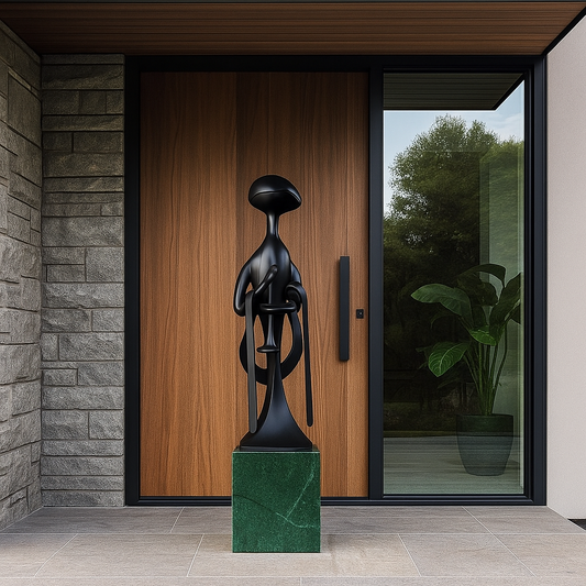 4-foot Japandi Clarinet Man Sculpture with marble base placed at modern entryway – tall modern luxury home décor.