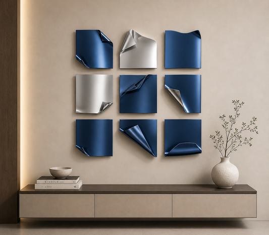 Blue Silver Metal Wall Art | Fold Matrix 9 Panel Grid