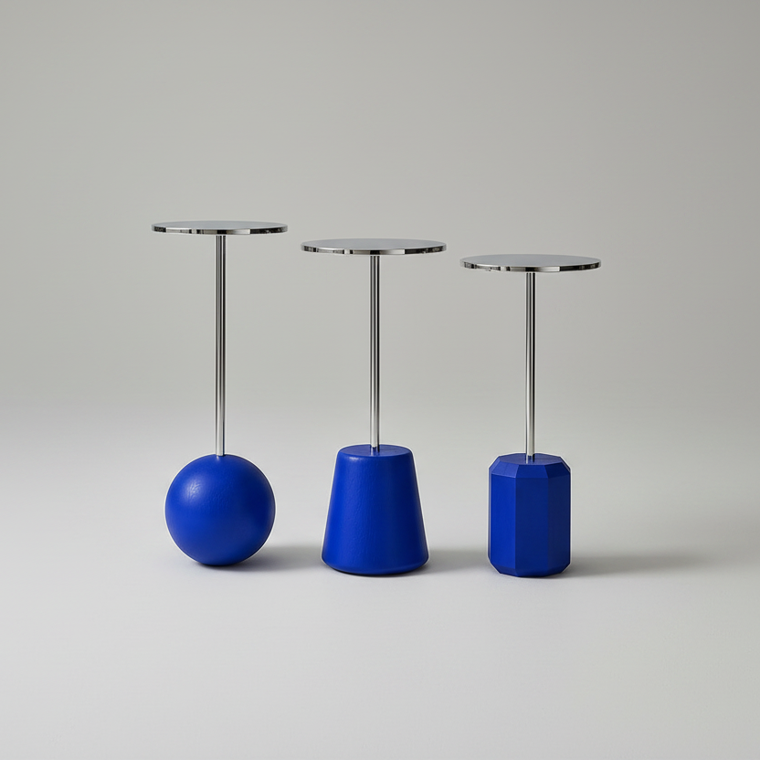 Three small tables with blue cylindrical bases on a gray background