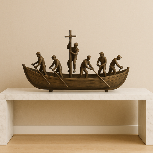 Decorative sculpture of people in a boat with oars in a luxurious interior setting