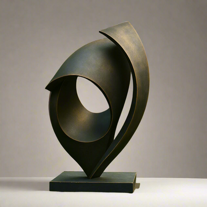 Abstract metal sculpture on a grassy area with greenery in the background