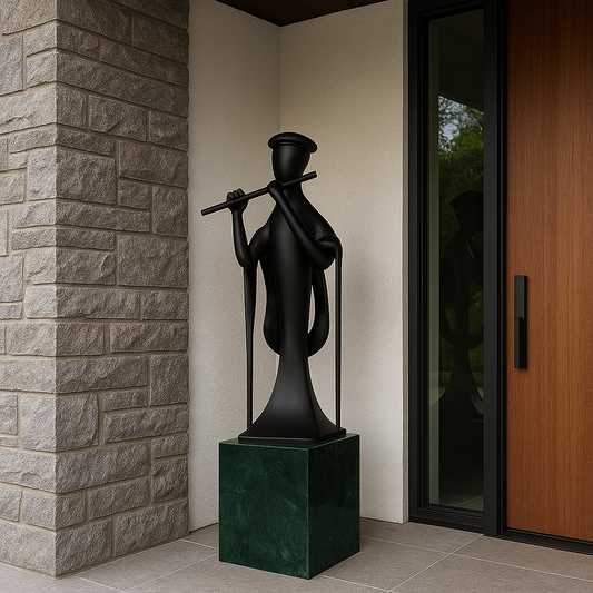 Japandi Flute Man Sculpture with Marble Base (4 feet)