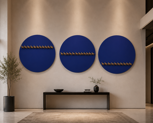 Three blue circular artworks with gold accents on a beige wall.