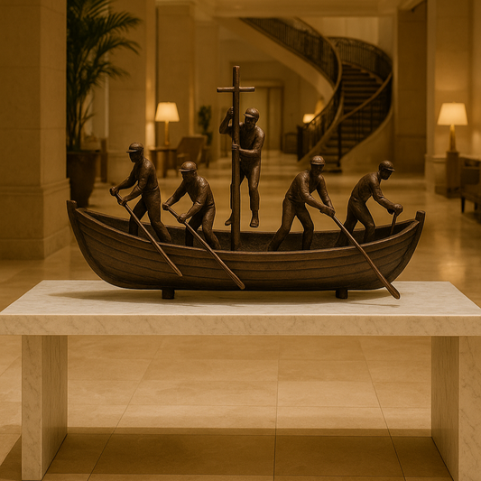 Decorative sculpture of people in a boat with oars in a luxurious interior setting