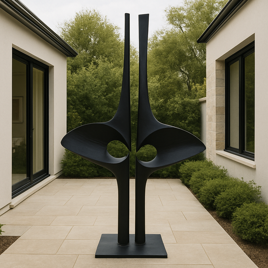 Modern black sculpture in front of a house with trees in the background