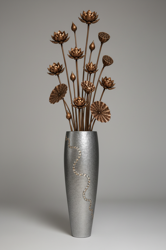 Tall silver vase with decorative elements holding bronze lotus-like sculptures against a modern interior background.