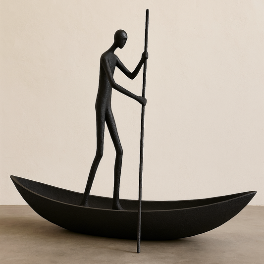 Black sculpture of a person in a boat with a pole against a light wall with greenery