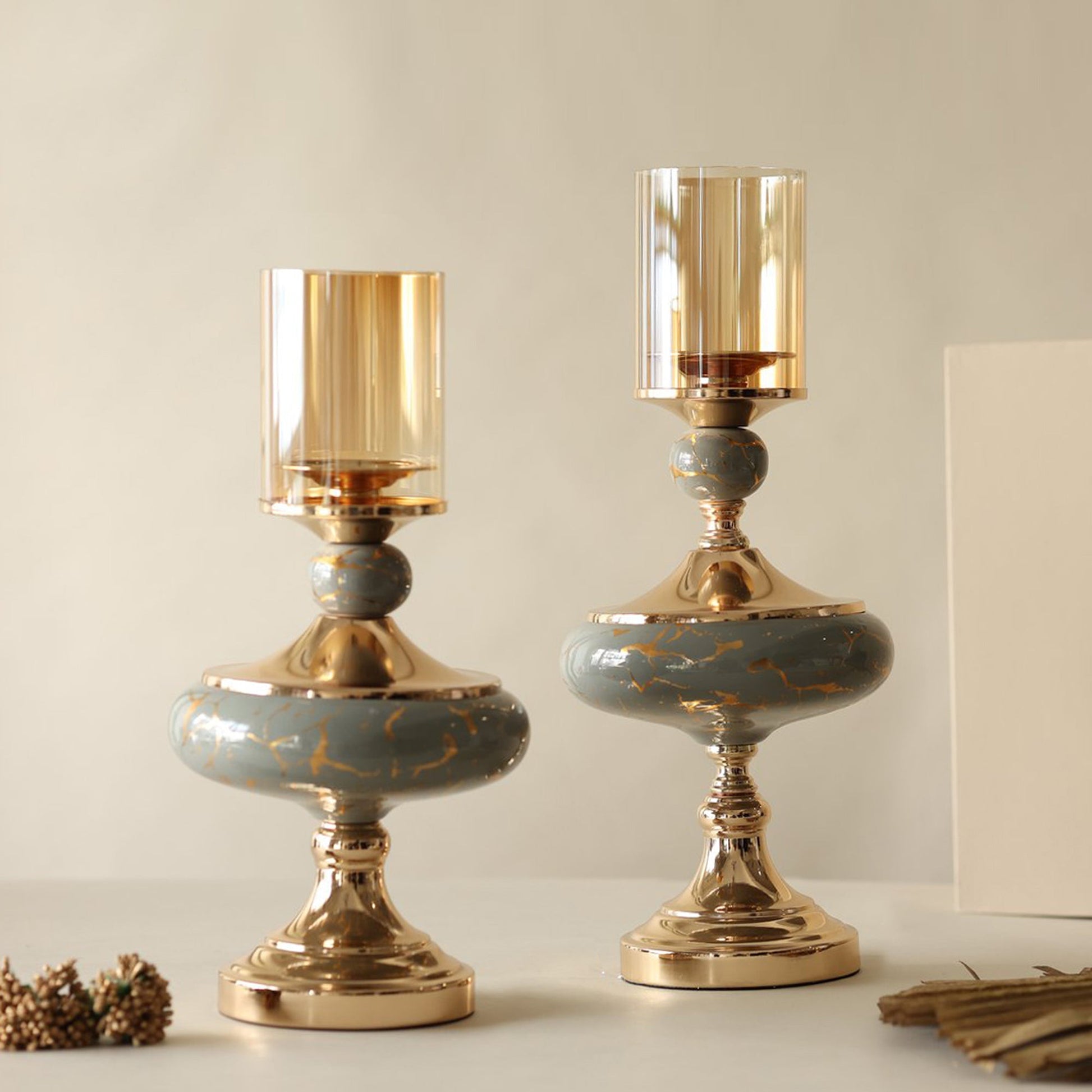 Stellaus Vintage Gold Candle Stands (Set of 2)