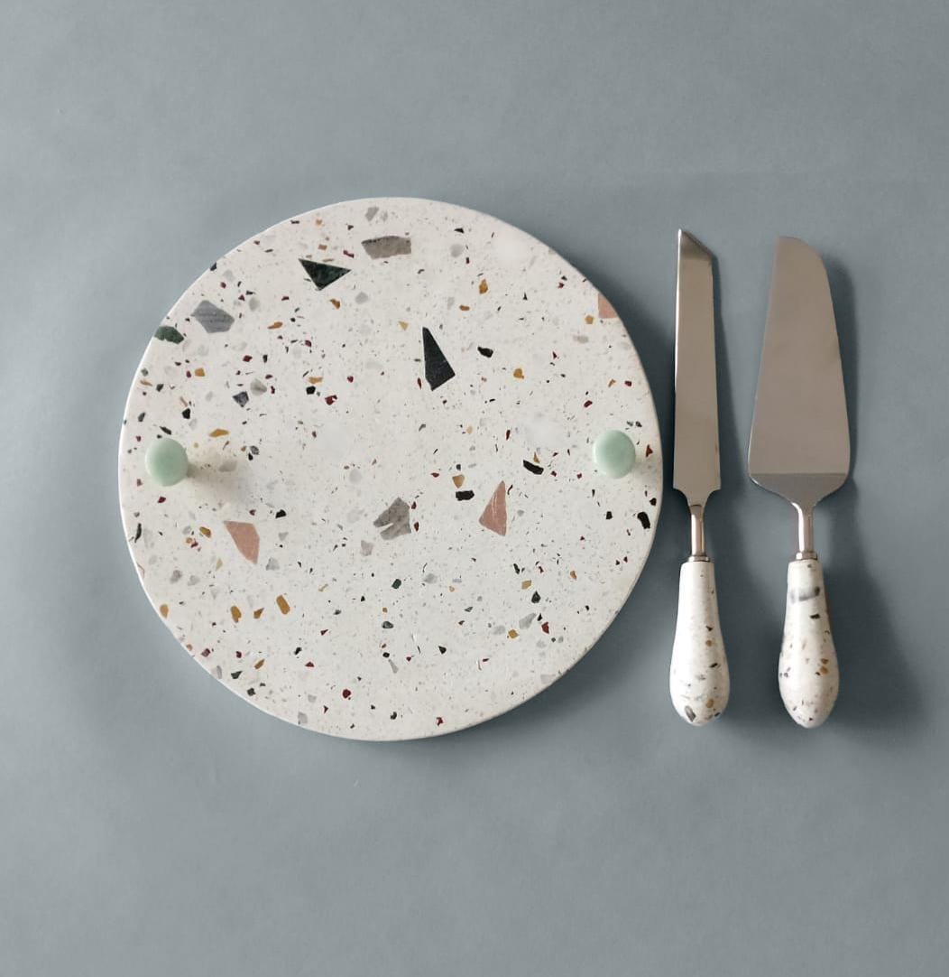 Inpensus Cake/cheese Terrazzo Platter with cake knives