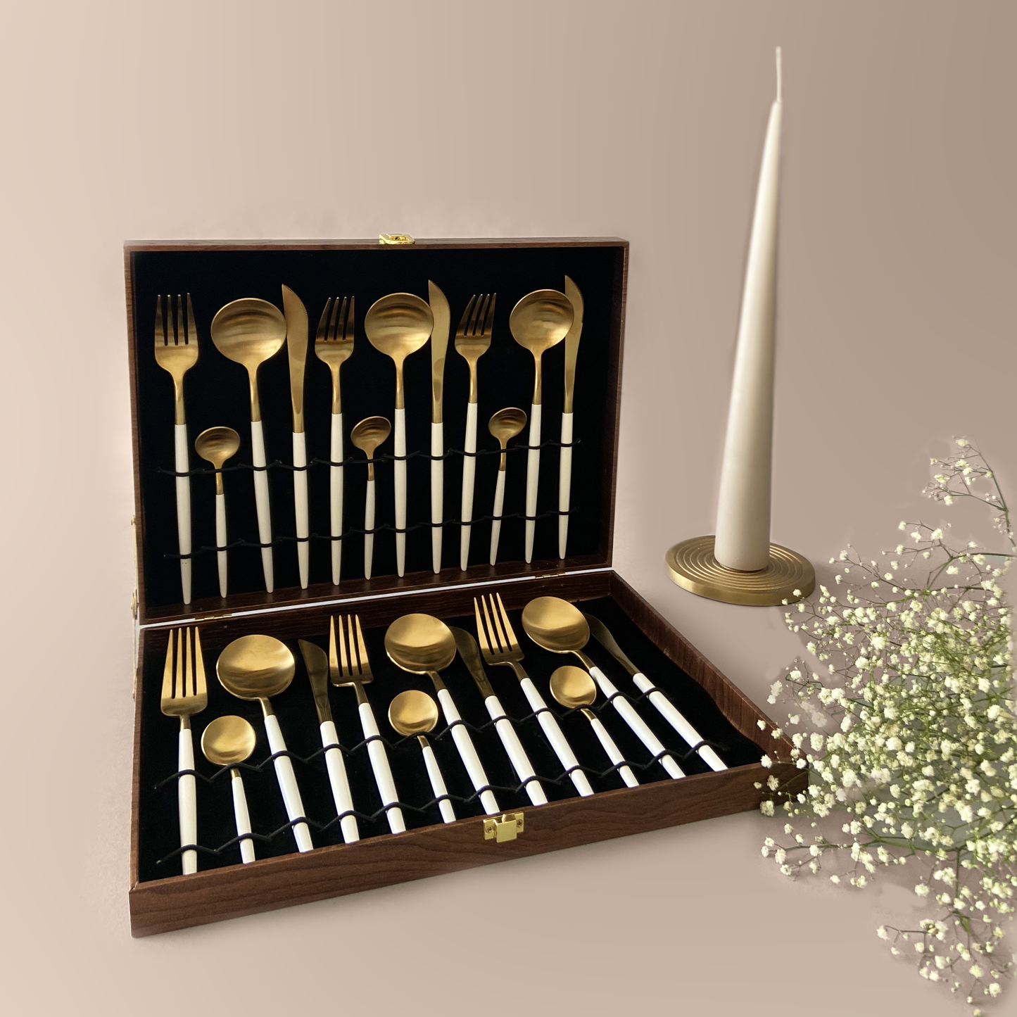 Nordic Dining Gold White Cutlery Set (Set of 24 pcs)