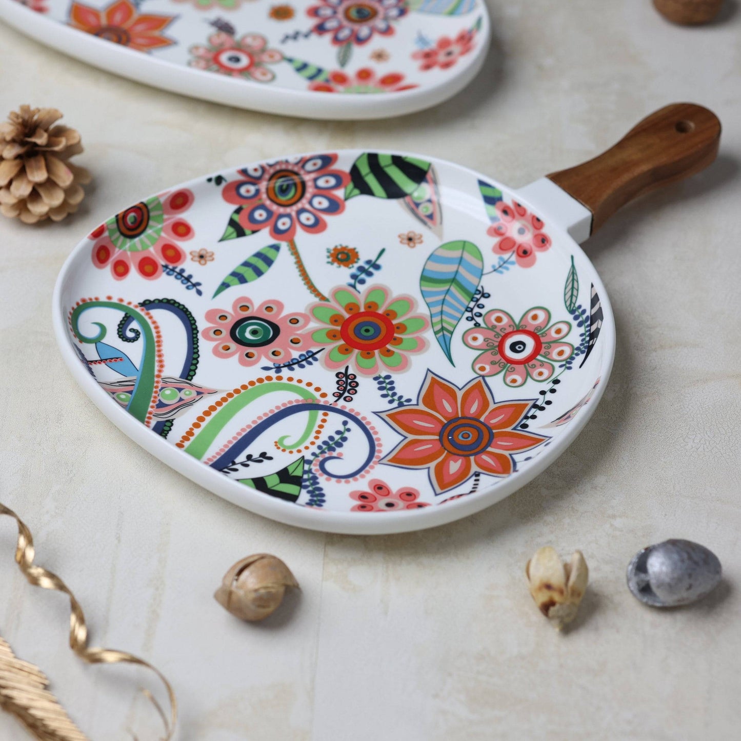 Floral Food Serving Platter with wooden handle (Small)