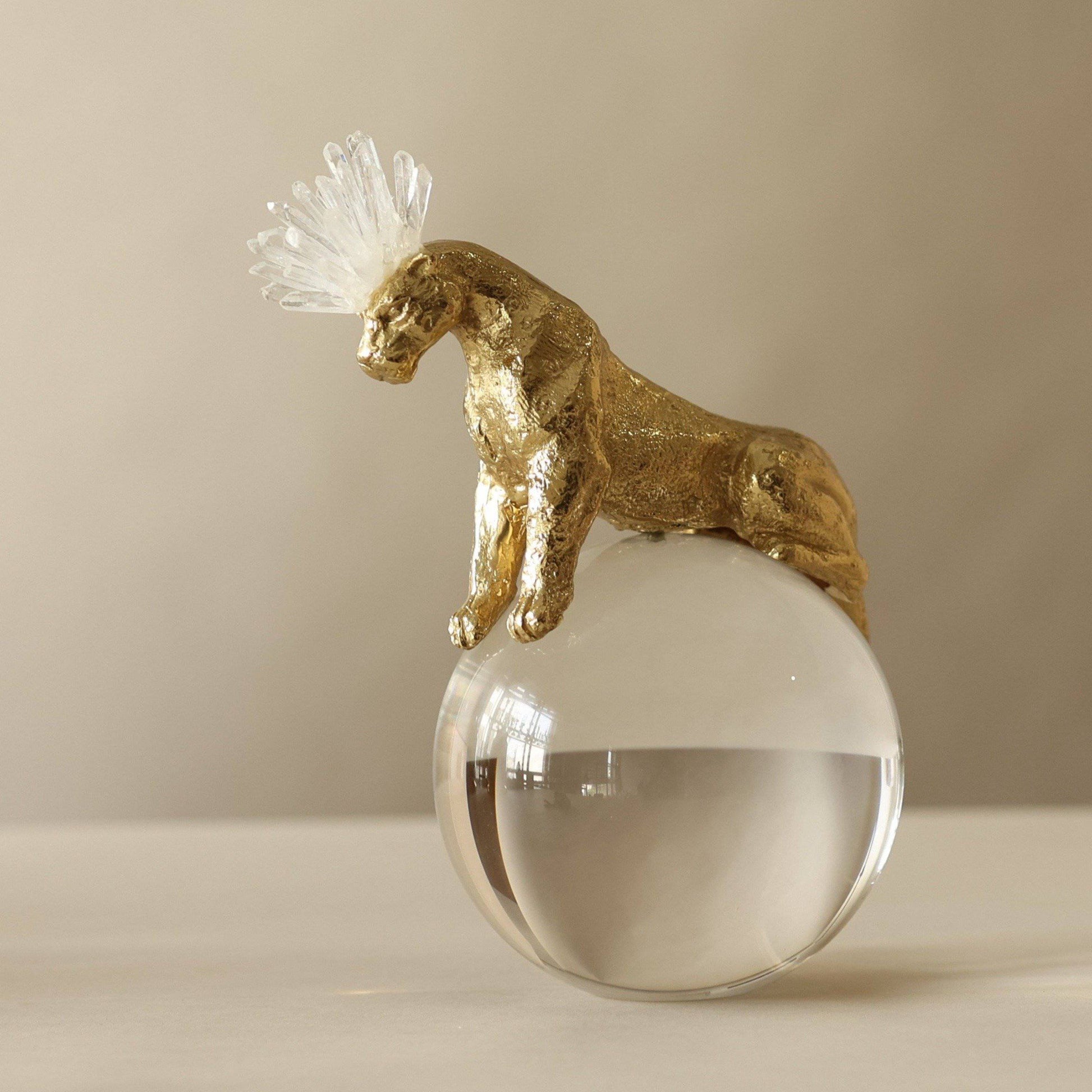 Indomitus Leopard Rock Crystal Brass Sculpture