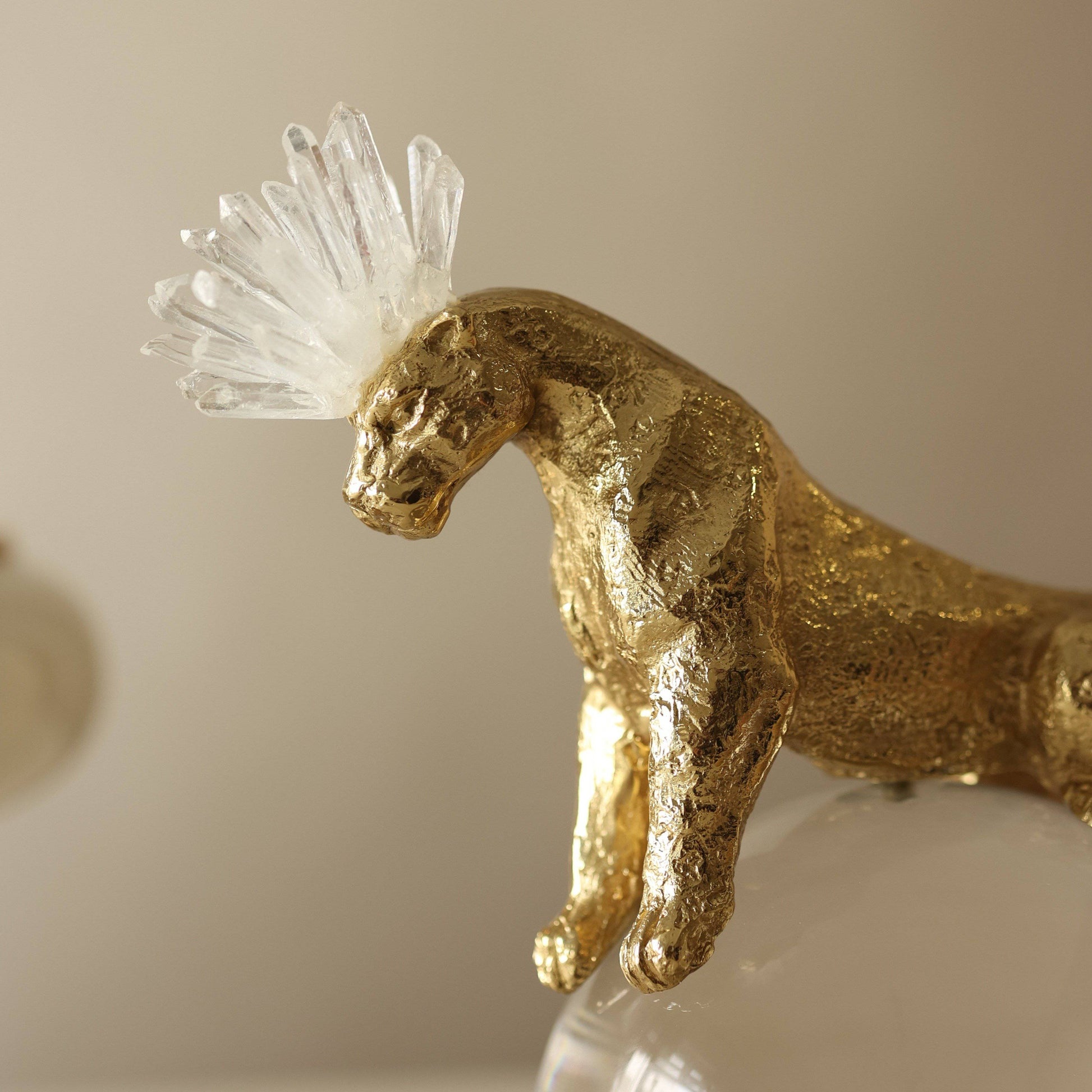 Indomitus Leopard Rock Crystal Brass Sculpture - Antique Showpiece