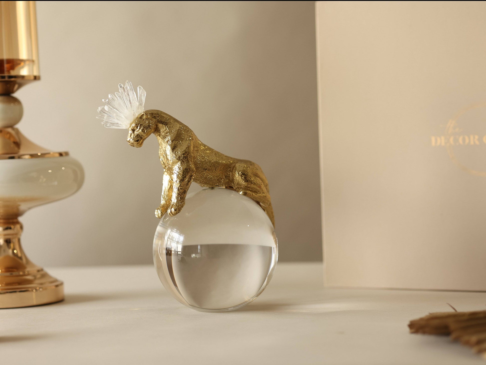 Indomitus Leopard Rock Crystal Brass Sculpture