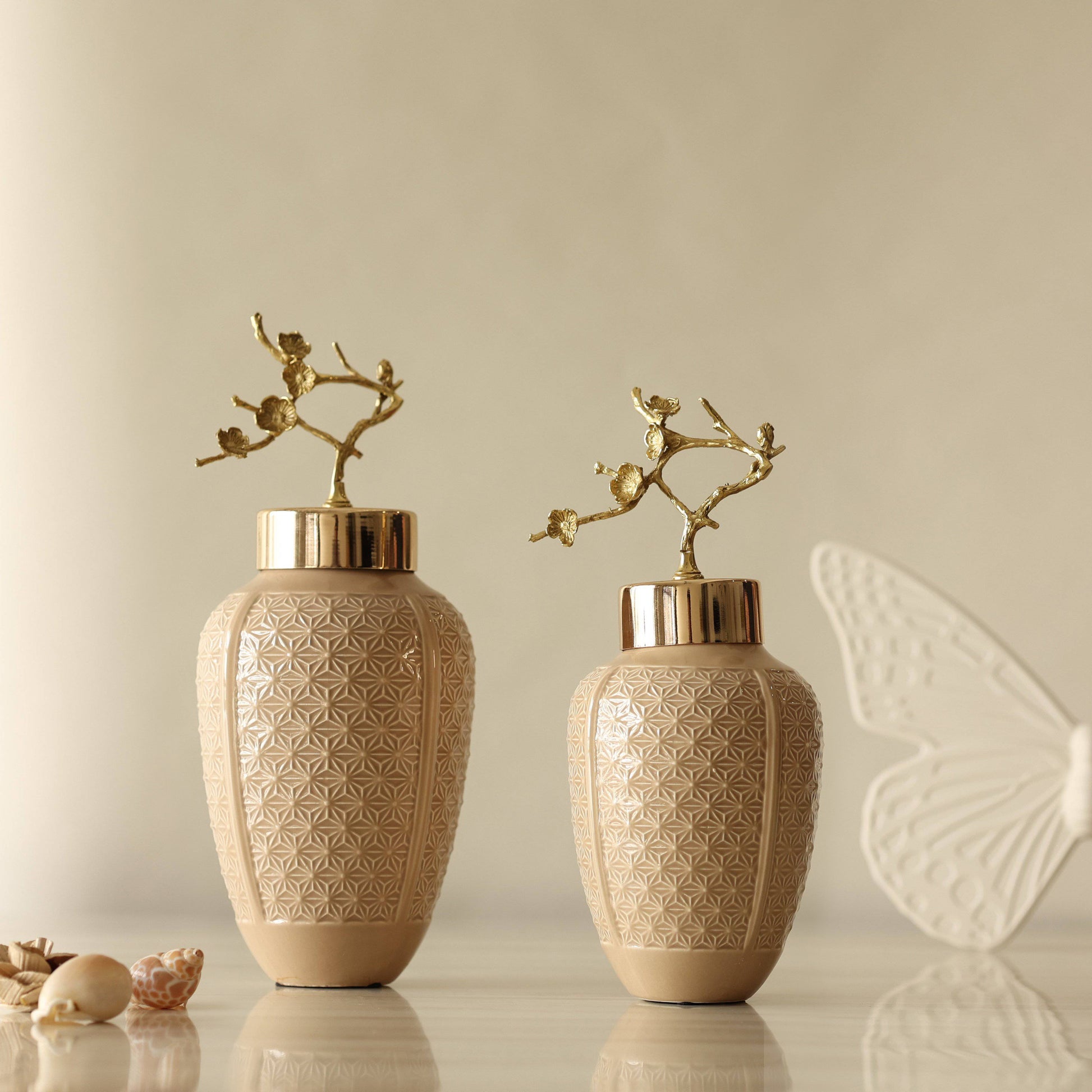 Lux Beige Gold leaf Decorative Jars (Set of 2)