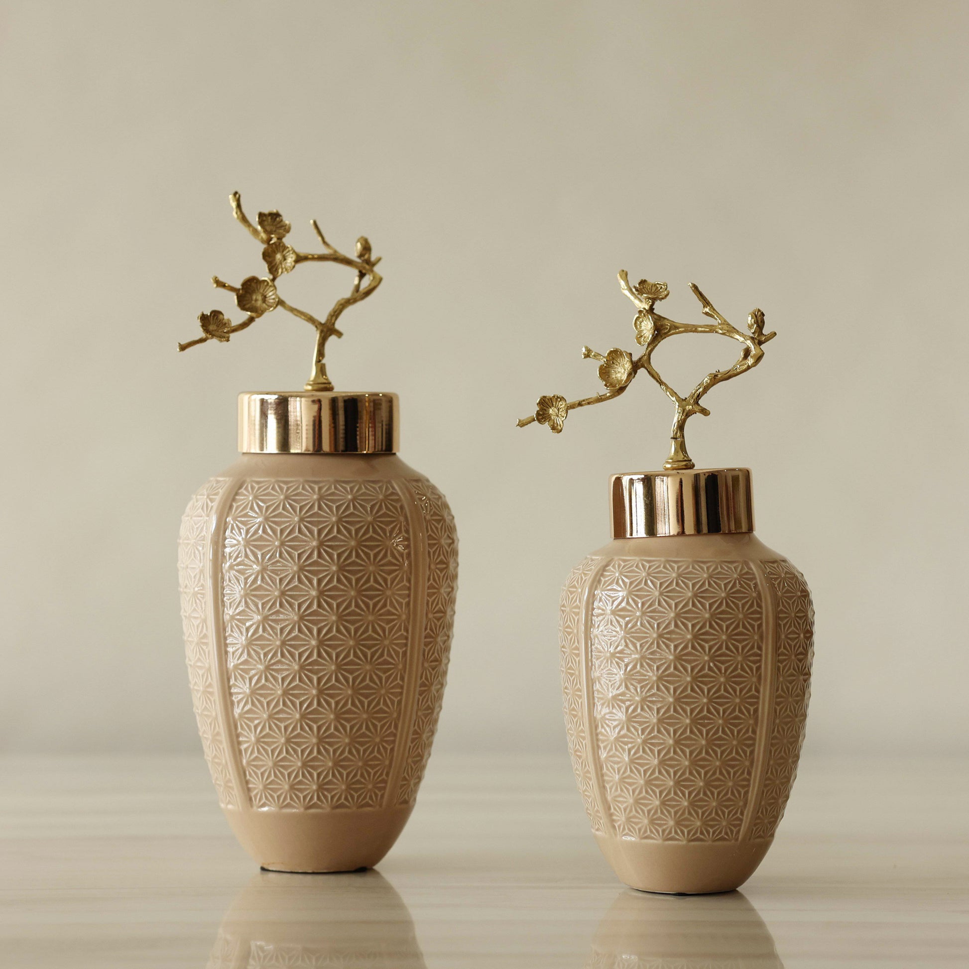 Lux Beige Gold leaf Decorative Jars (Set of 2)