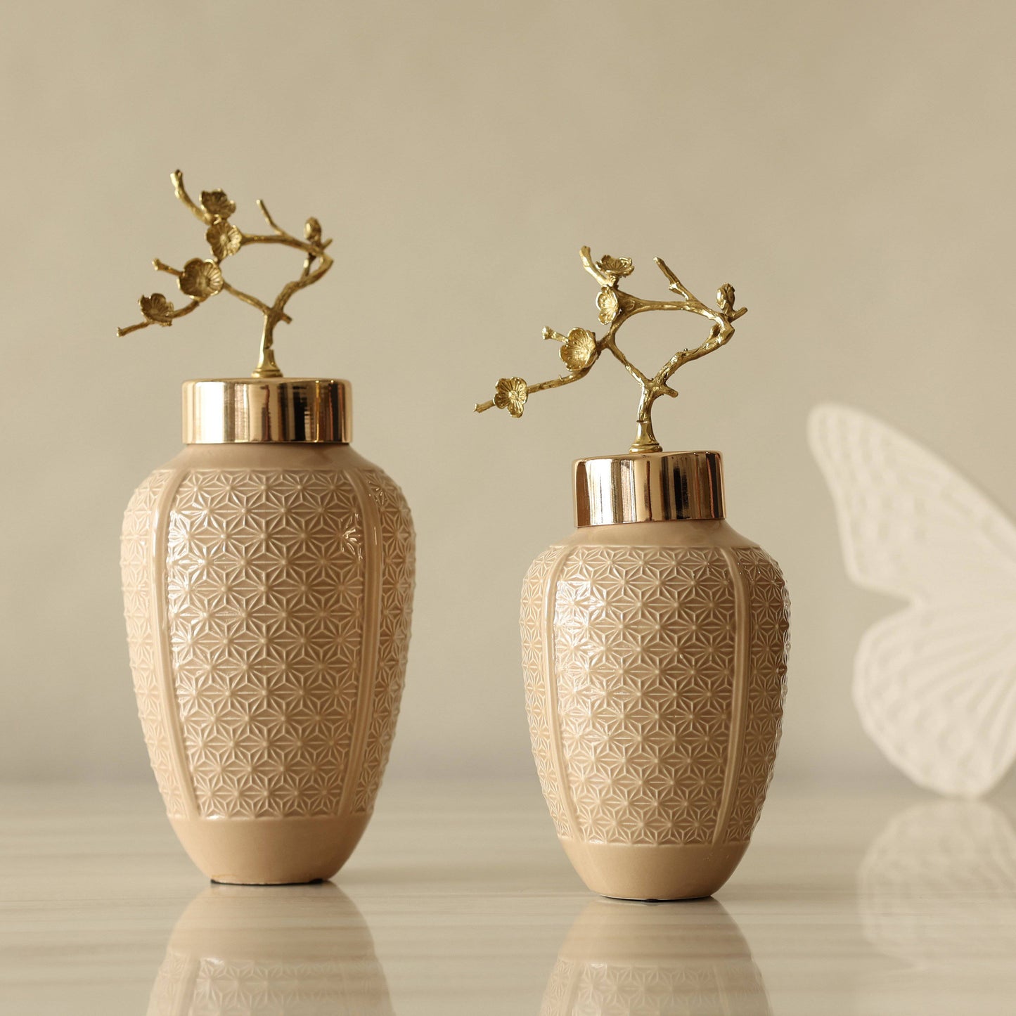 Lux Beige Gold leaf Decorative Jars (Set of 2)