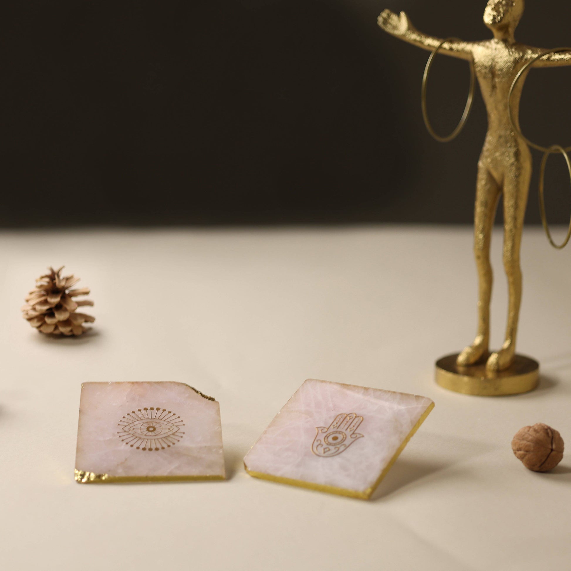 Decor Rose quartz Golden Evil Eye-Hamsa Agate Coasters (Set of 2) - The Decor Circle