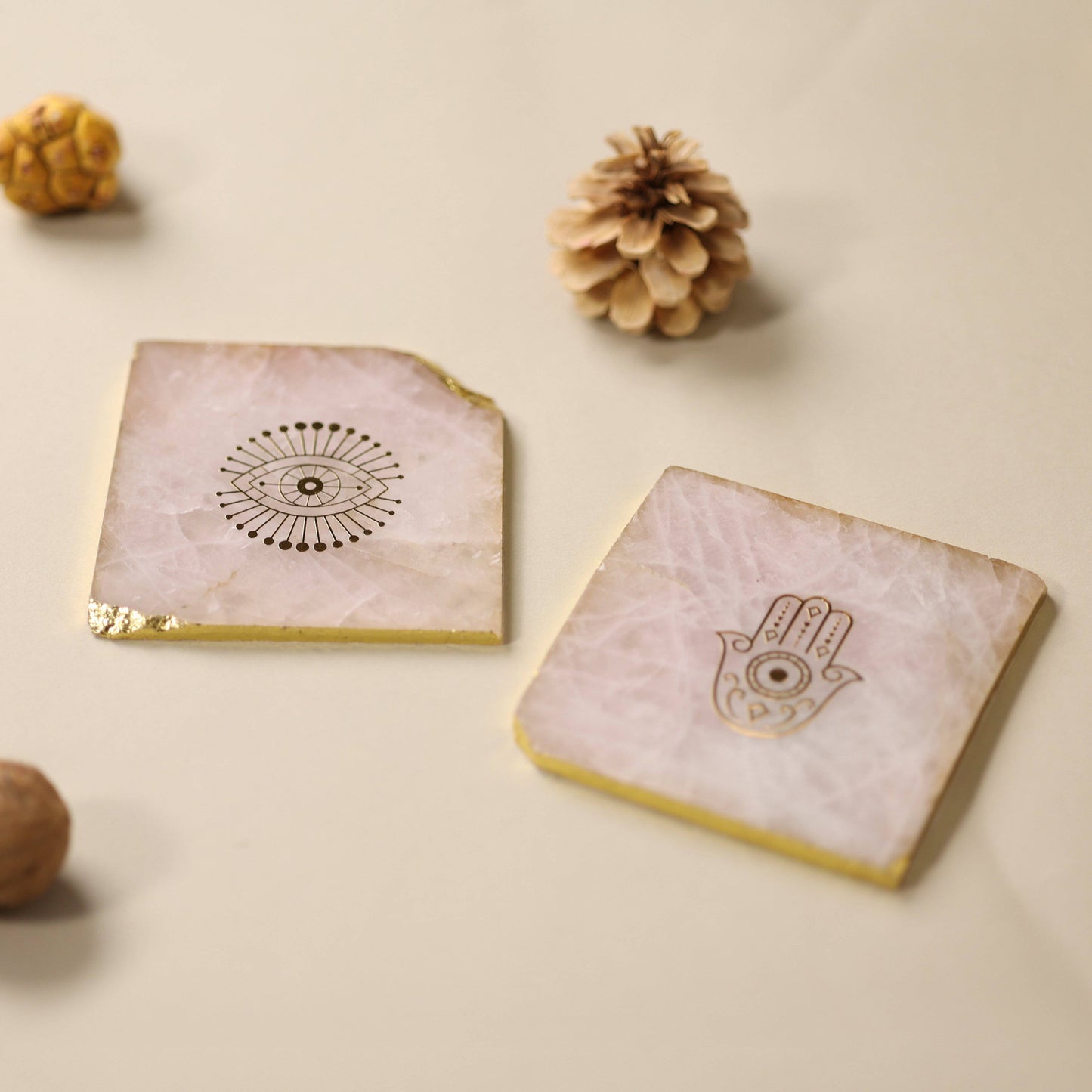 Decor Rose quartz Golden Evil Eye-Hamsa Agate Coasters (Set of 2) - The Decor Circle