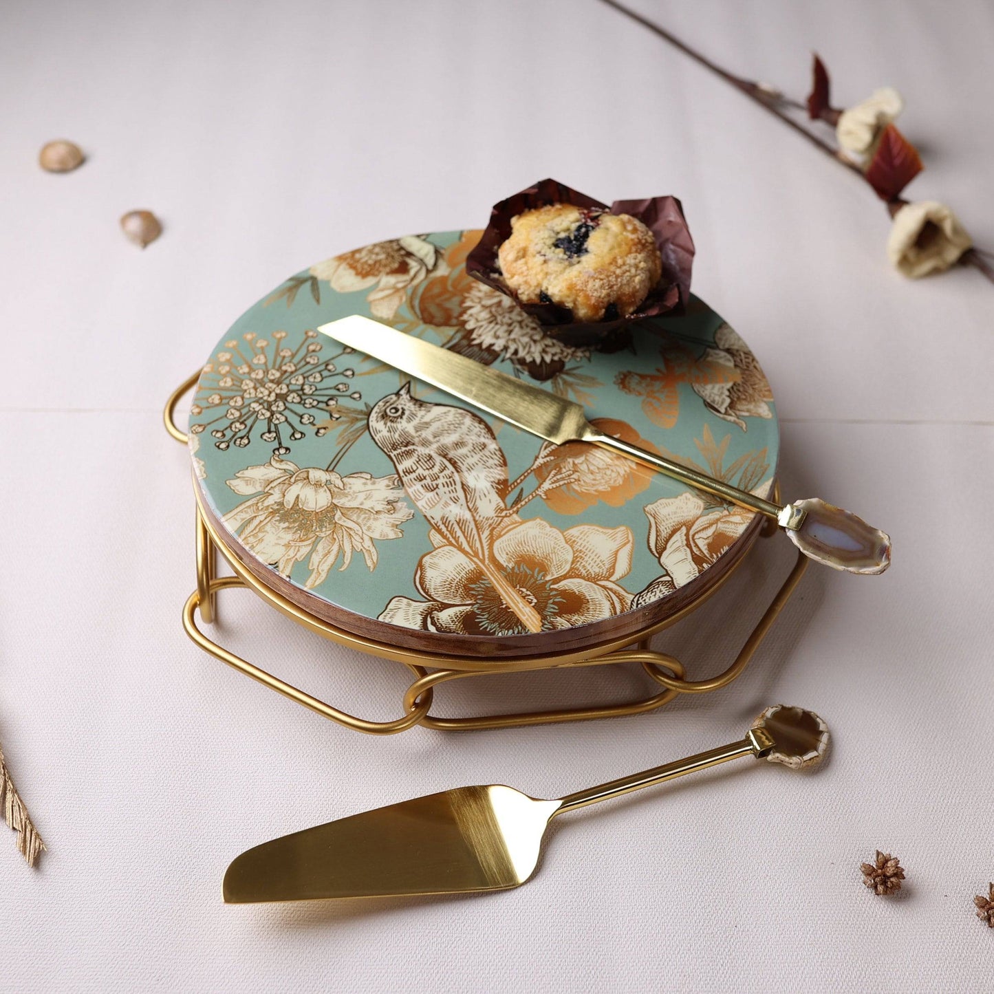 Home Tableware Gold Swirl Luxury Cheese/Cake Platter-Bird paradise - The Decor Circle