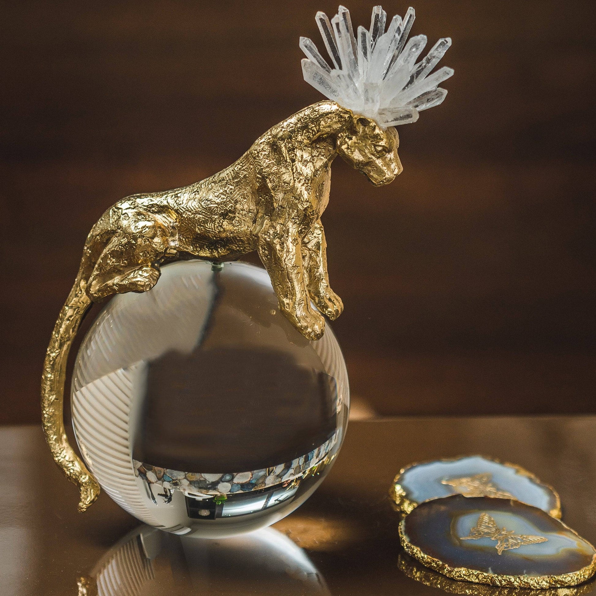 Home Decor Indomitus Leopard Rock Crystal Brass Sculpture - The Decor Circle